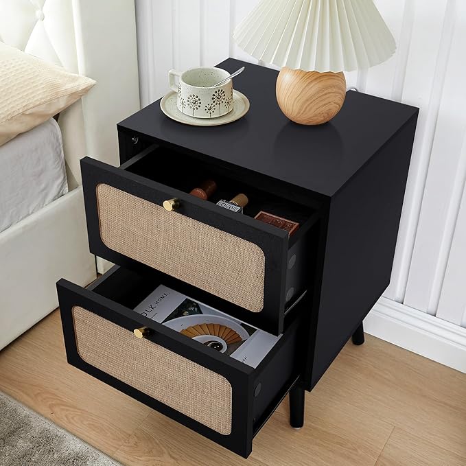 16" Wood Nightstand Set of 2, Farmhouse End Table with 2 Storage Drawer, Modern Bedside Table with Linen Decor, Minimalist Night Stand for Living Room, Bedroom & Small Space (Black)
