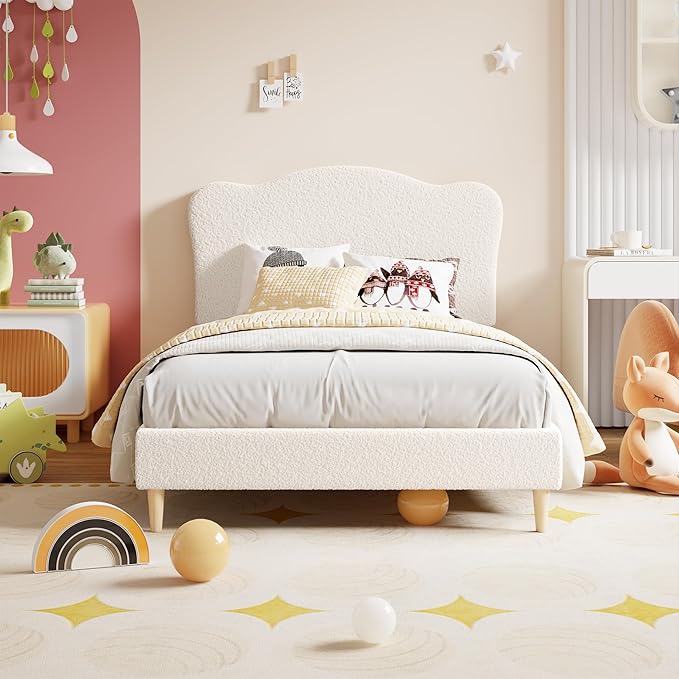 GarveeHome Upholstered Twin XL Size Bed Frame for Kids with Scallop Headboard, Cute Velvet Twin XL Bed for Girls, Boys, Sturdy Platform Bed, No Box Spring Needed, Wooden Slats, Noise Free, White