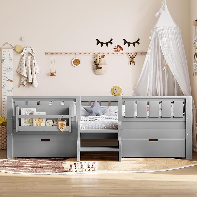Bellemave Full Size Bed with Slats and Stairs, Full Size Platform Bed Frame with Fence, Bookshelf and Storage Drawers, Easy Assemble Beds for Kids, Girls, Boys, Gray