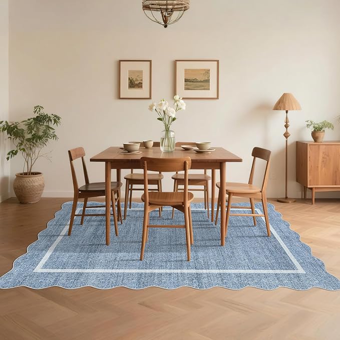 GarveeHome Scalloped Washable Rug 10x13 Area Rug for Bedroom Farmhouse Living Room Rug Non Slip Large Area Rug Low Pile Throw Rugs Stain Resistant Carpet for Dining Room Blue 10 ft x13 ft