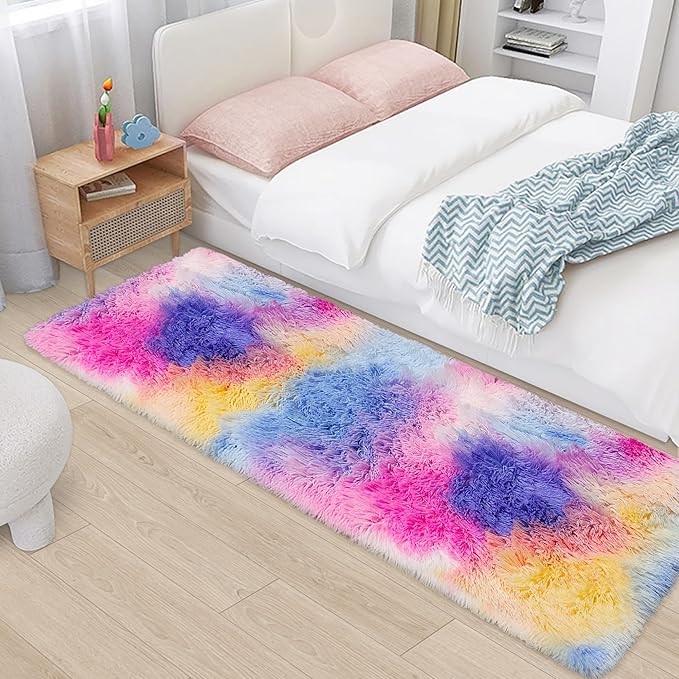 Hot Pink Rainbow Rug for Girls Bedroom Runner 2x6, Fluffy Soft Bedroom Runner Rug for Bedside, High Pile Plush Shag Carpet for Kids Room Living Room Hallway Nursery Unicorn Home Decor Tie Dyed