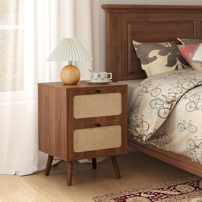 16" Wood Nightstand Set of 2, Farmhouse End Table with 2 Storage Drawer, Mid-Century Modern Bedside Table with Linen Decor, Minimalist Night Stand for Living Room, Bedroom & Small Space (Walnut)