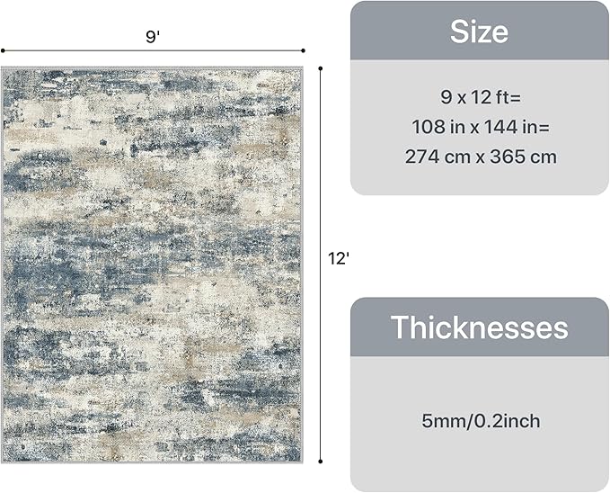 GENIMO Abstract Area Rug 9x12, Washable Large Modern Rug Non Slip, Low Pile Lightweight Soft Carpet for Living Room, Bedroom, Dining Room, Navy Blue