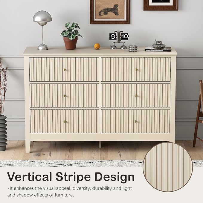 Beige Dresser for Bedroom, 6 Drawers Fluted Chest of Drawers with Storage, Modern Wide Storage Dresser with Paint Design, Wood Drawer Organizer Beige Dressers for Entryway, Hallway