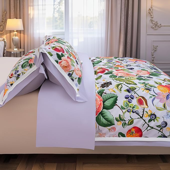 MAGRACE Fruit Floral Duvet Cover Set Queen Size - 3PC White Botanical Bedding in Washed Fiber – Orange Fig Berry Pattern with Corner Ties and Zipper – Vibrant Fall Garden Style