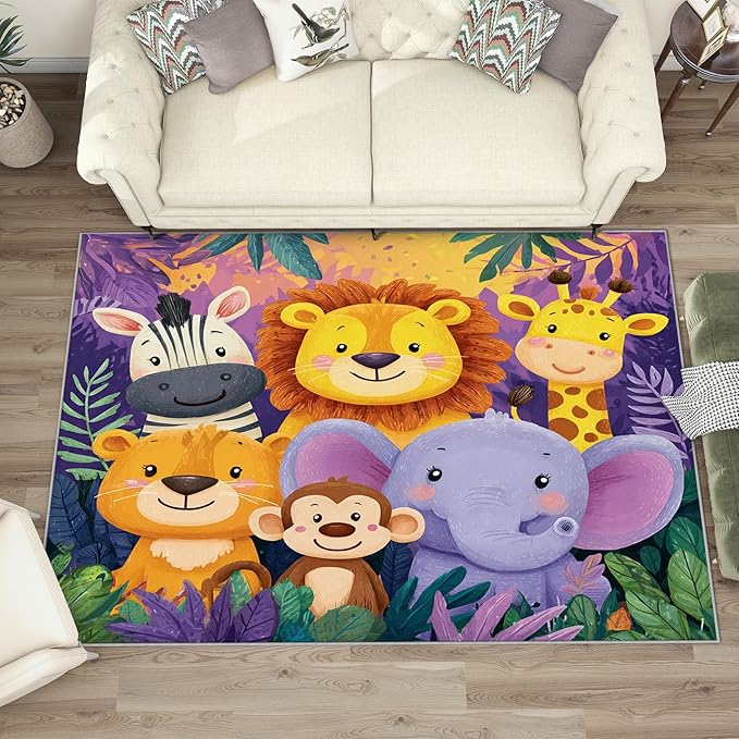 Safari Animal Rug for Nursery - Zoo Animal Area Rug 5x7, Cute Cartoon Jungle Animals Rugs for Living Room Bedroom, Kids Playroom Carpet - Washable Non Slip Pet & Kids Friendly, Safari Gifts