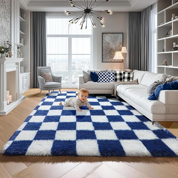 KICMOR Large Area Rug for Living Room 6x9, Big Fluffy Shag Fuzzy Navy Blue and Cream White Checkered Rugs Soft Plush Carpet for Bedroom, Cute Shaggy Rug for Kids Boys Girls Room Nursery Home Decor