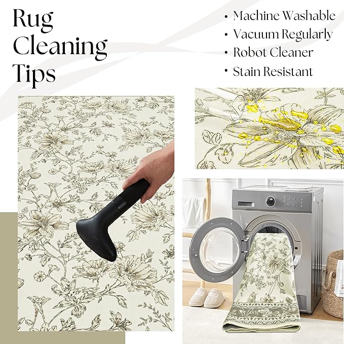 Beige and Taupe Farmhouse Washable 9x12 Area Rugs for Living Dining Room Bedroom Office Kitchen Table Large Rug for Under Table, Light Tan Cream Khaki Sketch Pattern Floral Vintage Boho Home Decor