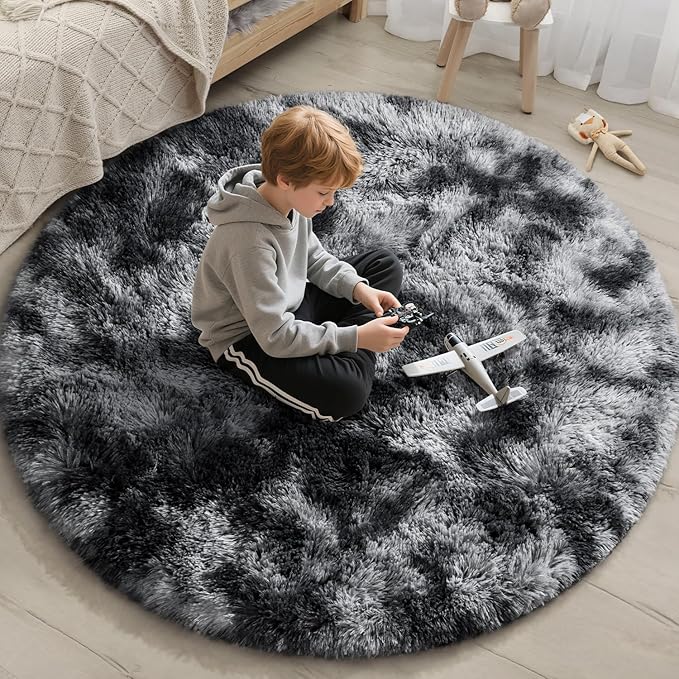 EVOIONOS Tie-Dyed Dark Grey Round Rug for Bedroom, 4x4 Ft Fluffy Soft Circle Area Rugs for Living Room, Plush Shaggy Circular Carpet for Indoor Floor Bedside Kids Nursery, Home Decor Aesthetic
