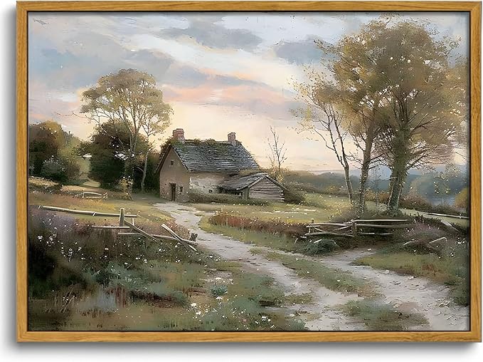 OIQArtOIQ Framed Vintage Landscape Wall Art Cottage Natural Scenery Oil Painting Canvas Prints Country Farmhouse Rustic Fall Decor Aesthetic Pictures for Kitchen Bedroom Living Room Bathroom