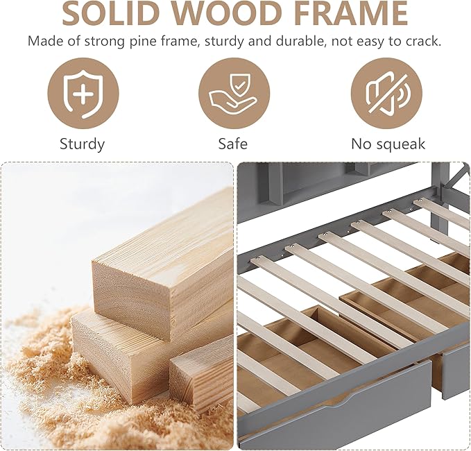 Twin House Bed with Roof and 2 Storage Drawers for Kids, Wooden Twin Size Bed Frame with Storage Shelves Guardrails and Wood Slats for Boys Girls, No Box Sping Required, Gray