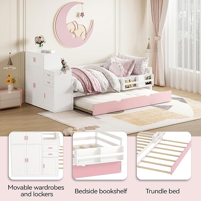 Merax Twin Size Corner Bed with Trundle and Drawers, Wooden Daybed Frame with Movable Wardrobe, Two Bookshelves, and Safety Guardrail, Twin Bed Frame for Kids, Boys Girls, Easy Assembly,Pink