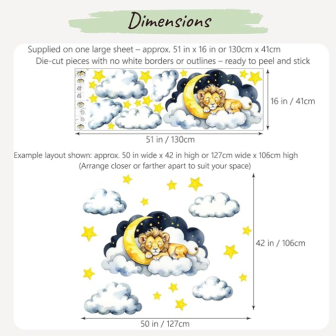 Boho Nursery Wall Decals - Dreamy Watercolor Lion Sleeping on Cloud | Multi-Piece Set with Clouds, Moon & Stars | Removable Fabric Wall Art for Kids Room