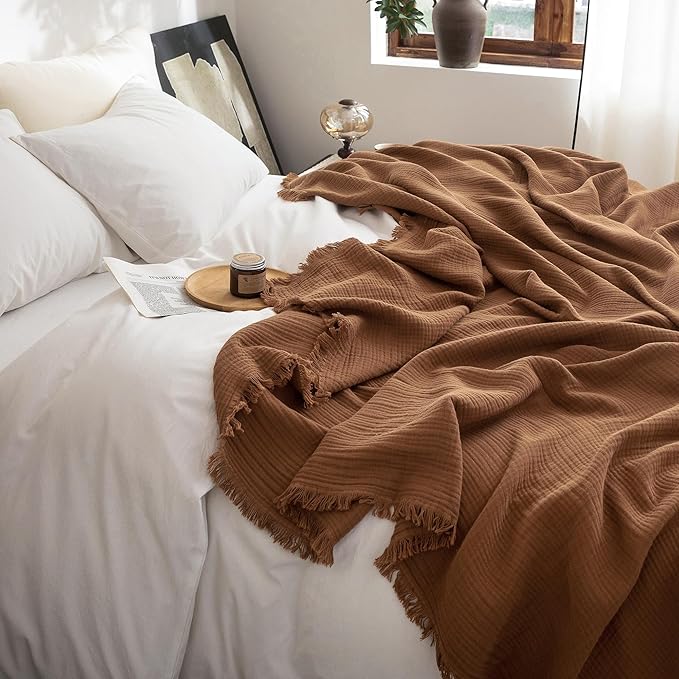 FOSSA Muslin Blanket with Fringe - 4-Layer 100% Cotton Gauze Super Soft & Breathable Throw -Lightweight Decorative Cooling Blanket for Bed, Sofa, Office (Dark Orange, King (104" × 90"))