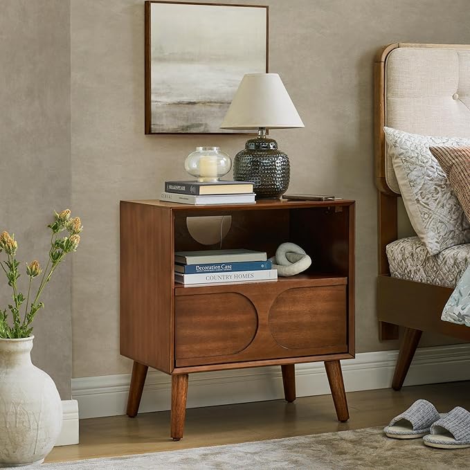 Mid Century Modern Fluted Nightstand, Night Stand with Charging Station USB Ports & Outlet Hole & 4 Solid Wood Legs, Farmhouse End Table with Open Space and Drawer Dresse (Walnut)