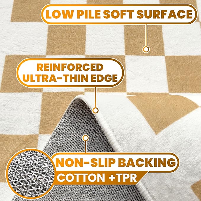 Washable Checkered Rug, 5x7 Tan Brown Checkerboard Modern Foldable Large Area Rugs for Living Room, Low Pile Ultra-Thin Non-Slip Indoor Doormat Carpet for Office Bedroom Diningroom Classroom