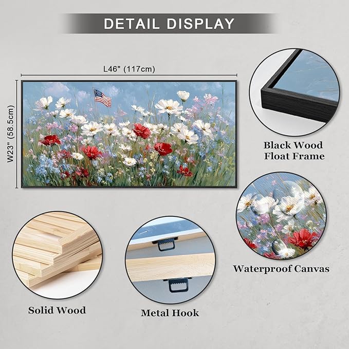 Large Framed American Flag Wildflower Wall Art for Living Room, Patriotic Flower Field Canvas Prints Paintings Artwork, Rustic Farmhouse Floral Landscape Pictures for Hallway Office Wall Decor 23"x46"