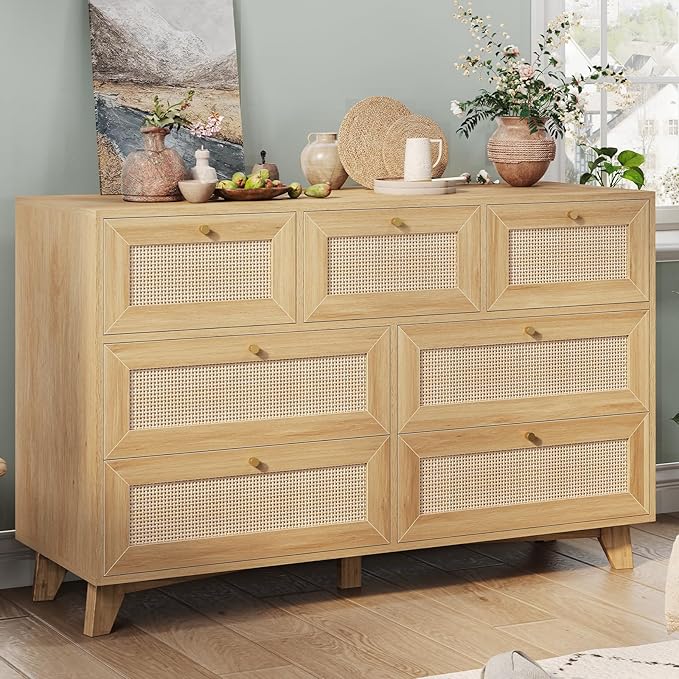 AOGLLATI Rattan Dresser for Bedroom with 7 Drawer, Modern Wooden Wide Bedroom Dresser, Chest of Drawers with Metal Handle & Solid Wood Legs for Bedroom/Living Room, Wood