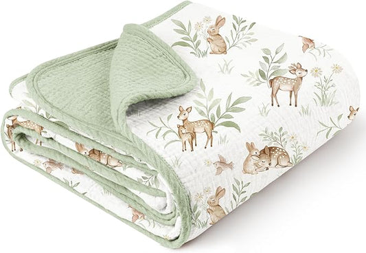 Konssy Muslin Baby Blankets for Girls Boys, 100% Cotton Crib Blanket for Infant Toddler, Super Soft and Lightweight Nursery Swaddling Wrap 40"x36" (Woodland)