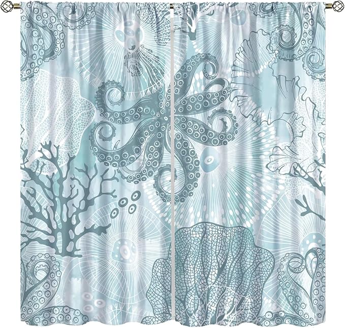 Coastal Window Curtains,Nautical Beach Themed Thermal Insulating Blackout Curtain for Living Room, Bedroom Set 2 Panels,63x63 Inches