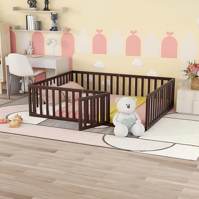 Merax Queen Floor Bed with Safety Guardrails and Door, Wood Montessori Floor Bed Frame for Kids, Queen Playhouse Bed Frame for Baby Girls and Boys, Walnut