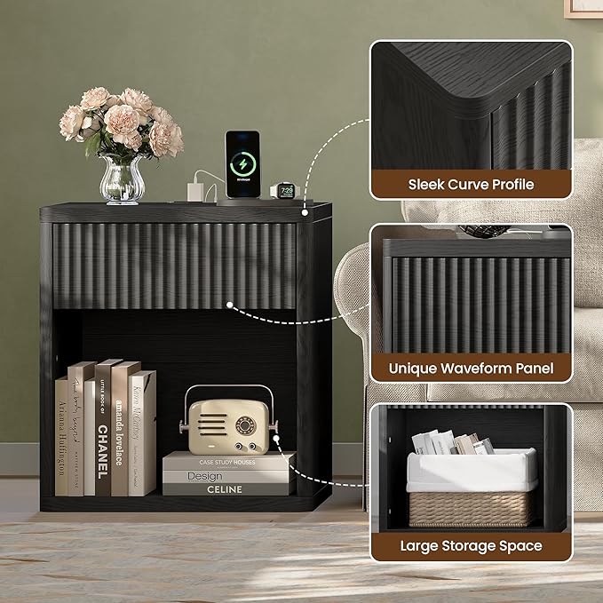 Fluted Nightstand Set of 2 with Charging Station, 21.7" Wide Modern Night Stand with 2 Drawers Open Storage Cabinet, Wooden Bedside End Table for Bedroom,Black