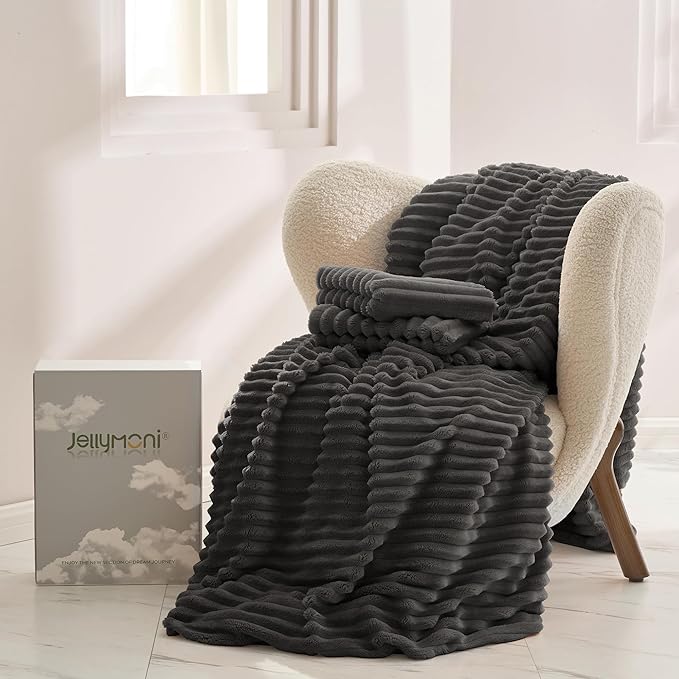 JELLYMONI Plush Duvet Cover Set - King Size Dark Gray Striped Fluffy Comforter Cover 3pcs Bedding Set Luxury Ultra Soft Faux Fur Duvet Cover with Zipper and 2 Pillowcases (NO Comforter)
