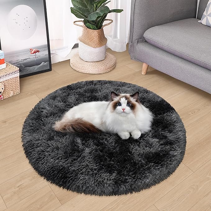 Black Round Rug 3ft Circle Rug Fluffy for Bedroom,Tie Dyed Soft Shaggy Plush Round Carpet for Kids Girls Boys Room Baby Nursery Living Room Playroom Home Décor Washable