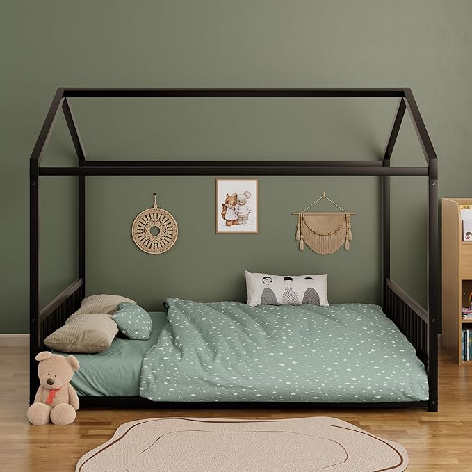 Merax Full Floor Bed Frame, Montessori Style Metal House Shaped Kids Bed with Vertical Safety Guardrails, No Slats, Grounded Design for Kids and Toddlers, Easy Assembly, Black