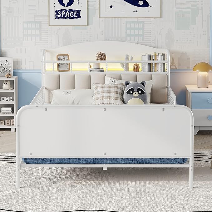 Ball & Cast Full Size Toddler Bed W/LED Light,Metal Bed W/Linen Fabric Upholstered Storage Headboard,Platform Bed Frame W/Safety Guardrails & Low Profile Design,for Boys Girls,White