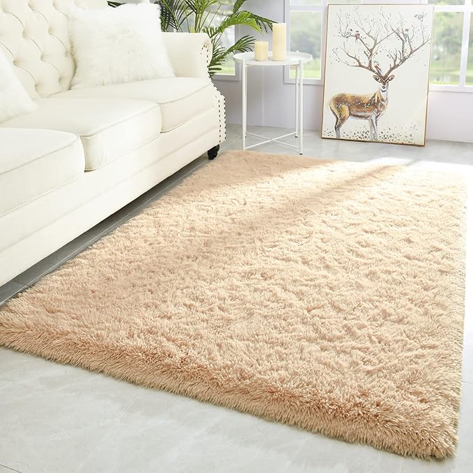 Merelax Soft Modern Indoor Shaggy Rug for Bedroom Livingroom Dorm Kids Room Home Decorative, Non-Slip Plush Fluffy Furry Fur Area Rugs Comfy Nursery Accent Floor Carpet 3x5 Feet, Light Tan
