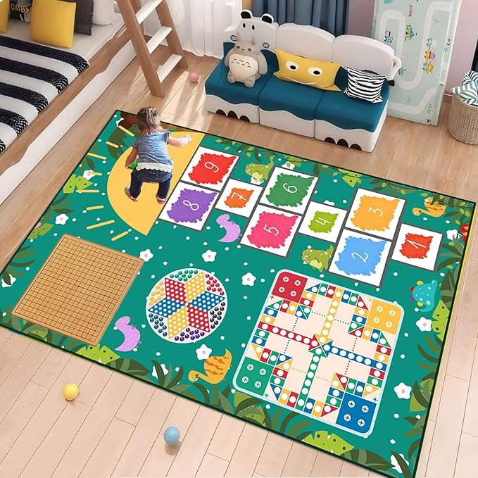 Hopscotch Area Rug for Playroom,4x6ft,Cute Dinosaur Print Playmat Rug Fade-Resistant Easy to Clean Kids Floor Mats for Boys Girls Bedroom Washable Throw Carpet