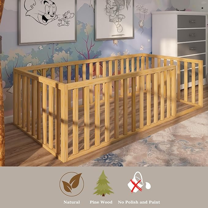 Montessori Floor Bed for Kids | Toodlers Floor Bed with Safety Guardrails | Pine Wood Baby Bed | Sturdy Wood Frame Bed for Girls and Boys (Twin, Height : 17 Inches)