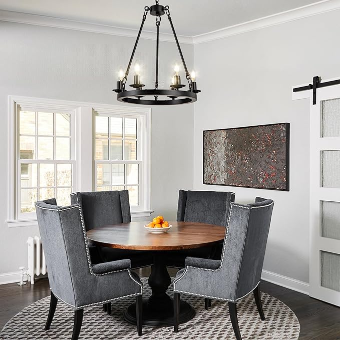 Wagon Wheel Chandelier, 6-Light Black Round Modern Farmhouse Chandelier with Adjustable Height Hanging Island Light Fixture for High Ceiling Dining Room, Kitchen, Living Room, Entryways, Foyer