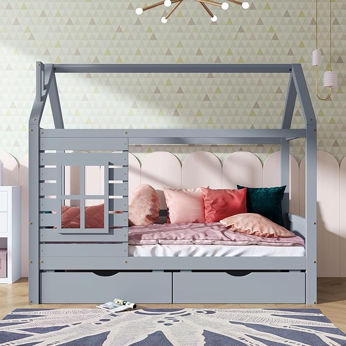 Aoowow Twin Size Kids House Bed with 2 Drawers, Wooden Twin Bed Frame with Window and Roof for Bedroom, Modern Twin Size Kid Playhouse Bed with Slats for Boys Girls, Can be Decorated, Grey