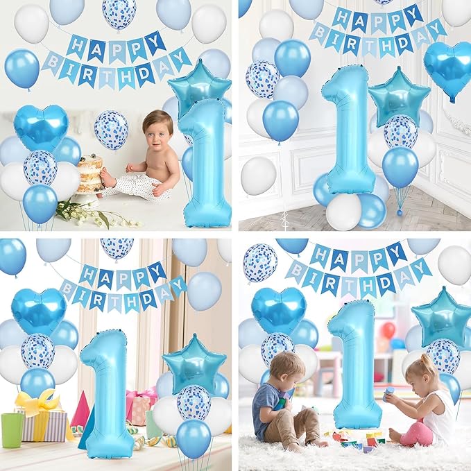 1st Birthday Decoration for Boys, Blue White Confetti 1st Birthday Balloon with 40Inch Number 1 Blue Balloons Star Heart Foil Balloon and Happy Birthday Banner for Baby 1 Year Old Birthday Party Decor