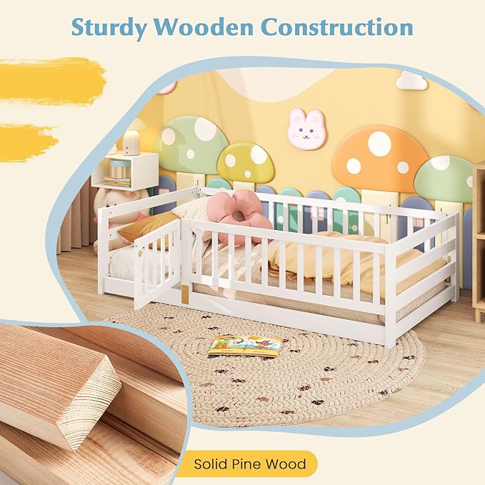 Giantex Twin Floor Bed with High Fence & Door, Montessori Floor Bed with 21.5" Safety Guardrails, Solid Wood Twin Beds Frame for Kids Girls, Boys, Without Slats, White