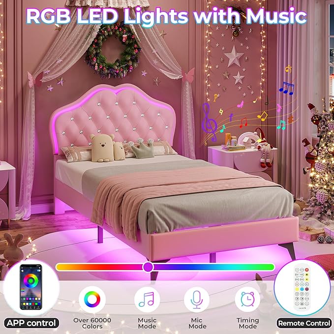BTHFST Twin Size Upholstered Bed Frame with LED Lights, Princess Platform Bed for Girls, Adjustable Headboard with Crystal Button, Solid Wood Slats Support, No Box Spring Needed, Pink