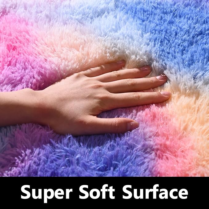 Rainbow Rug - 2x6' Runner Non-Slip Height Pile 1.4" Plush Rug Rubber Back - Throw Carpets for Bedroom - Multicolor