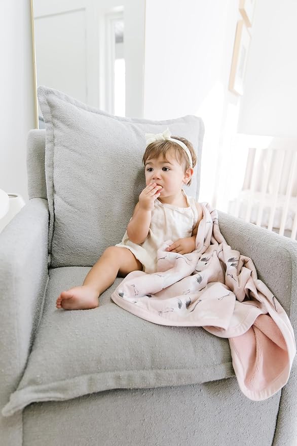 Oilo Baby Blanket, Luxury Soft Plush Backing & 100% Turkish Cotton Jersey Print, Double Layered, 30" x 40", Rolled Jersey Edge Trim, Machine Washable, Perfect for Infant or Toddlers, Pink Crane Birds