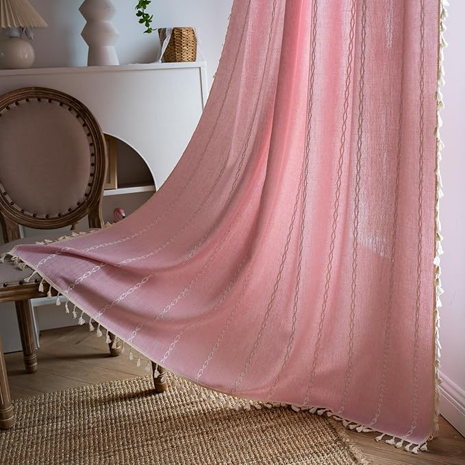 Deeprove Pink Boho Curtains 72 inches Length, Vintage Bohemian Embroidery Farmhouse Cotton Linen Fringe Window Treatments Girl Nursery Bedroom Living Room Dinging Room Decor, W52 x L72, 1 Panel