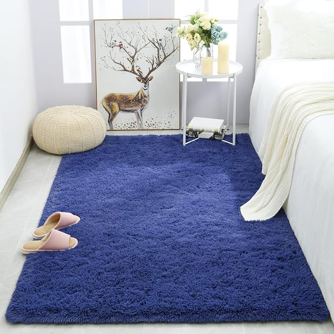 Merelax Fluffy Shag Area Rugs for Bedroom Soft Fuzzy Shaggy Rugs for Living Room Accent Decor Fur Carpet Nursery Decor Floor Teens Girls Dorm Room Rug 3x5' Light Navy