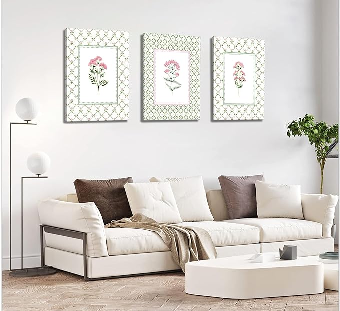 3Pcs Pink Green Floral Canvas Wall Art Wildflower Baby Room Painting Picture Wall Decor Pastel Botanical Poster Print Artwork for Bedroom Living Room Girls Bedroom Nursery Dining Room Home Decoration