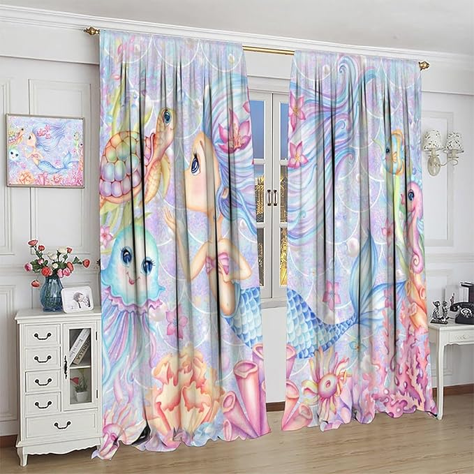 Mermaid Curtains for Girls Children Pink Sea Animal Mermaid Coral Bedroom Curtains for Living Room Room 55x63 Inch