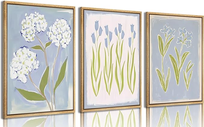 3Pcs Blue Green Tulip Hydrangea Flower Wall Art Flowers Plant Aesthetics Painting Picture Decor Elegant Preppy Poster Print Artwork for Living Room Gallery Bedroom Dorm Home Decoration