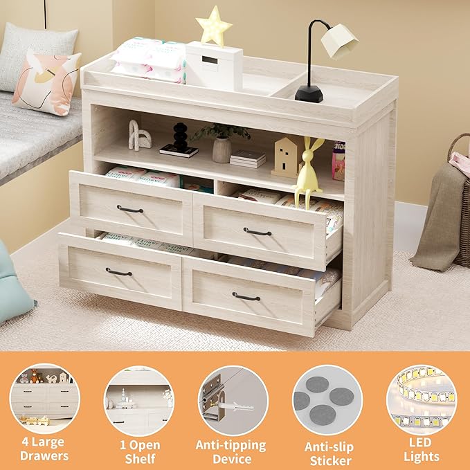 47.2" Beige Nursery Dresser with 4 Drawers and 1 Open Shelf Changing Table Dresser with Changing Table Top Diaper Changing Station with Storage for Nursery Children's Room