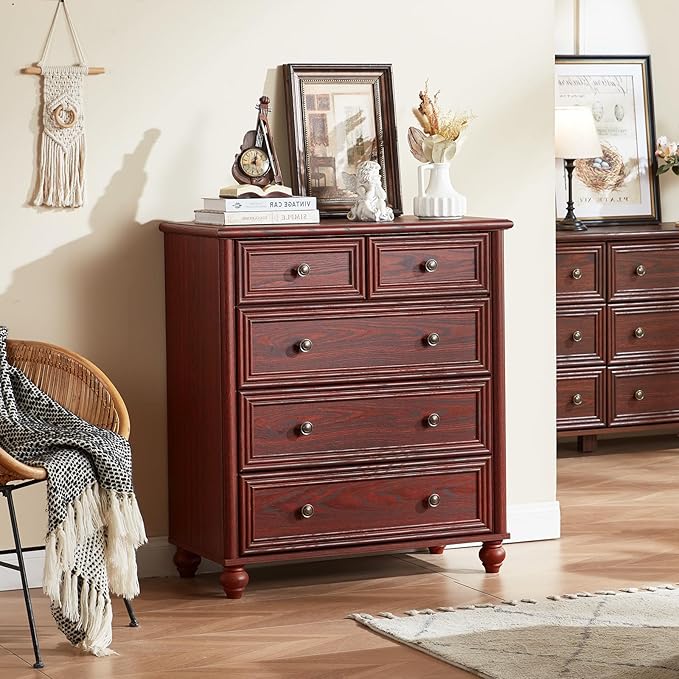 Farmhouse 5 Drawer Dresser for Bedroom, 35.5" Tall Small Dressers & Chest of Drawers, Rustic Wood Dresser with Roman Column, Storage Organizer for Living Room, Hallway, Closet (Red Oak)