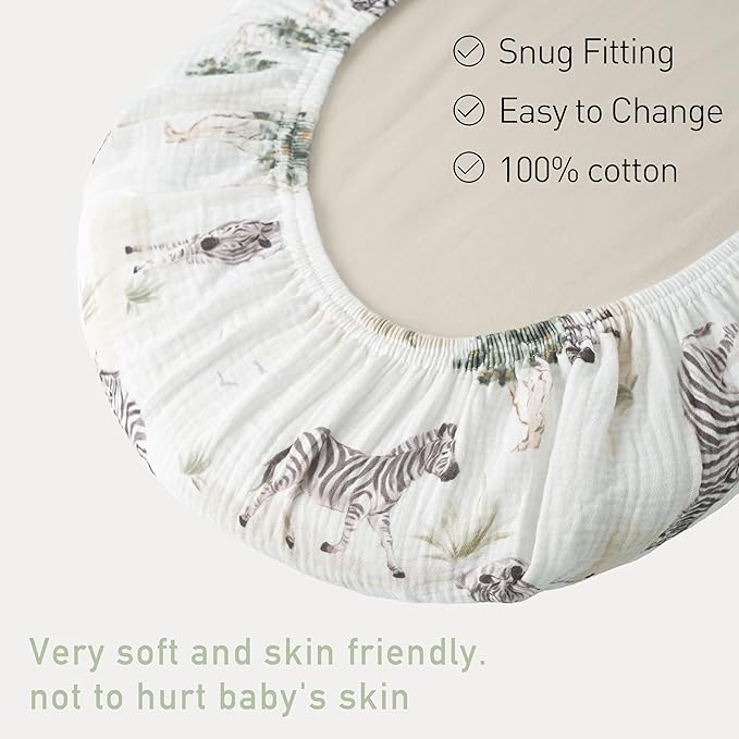 Muslin Bassinet Fitted Sheets, 2 Pack for Baby Boy and Girl, Soft Breathable Baby Pad/Mattress Sheet, Fit for Hourglass Oval and Rectangle Bassinet Mattress (Cute Zebra)