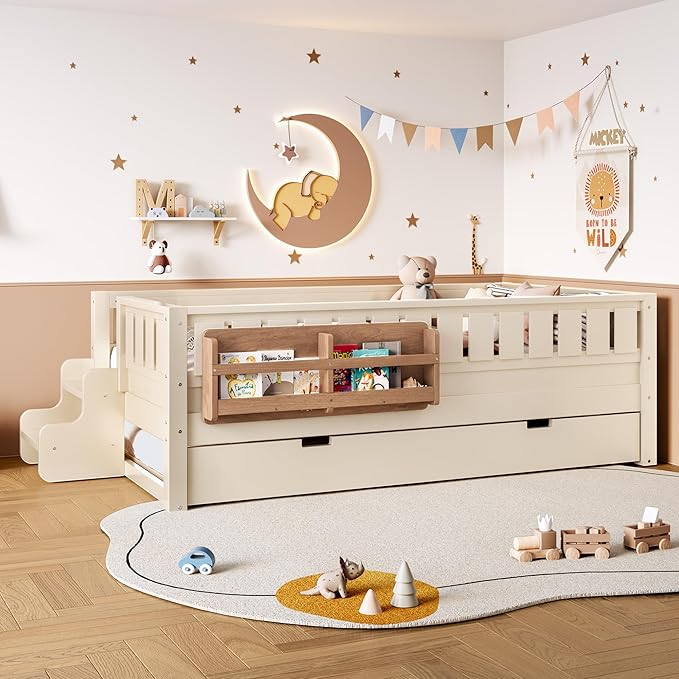 Bellemave Twin Bed with Trundle Twin and Stairs, Twin Size Platform Bed Frame with Fence and Bookshelf, Easy Assemble Beds for Kids, Girls, Boys, Beige