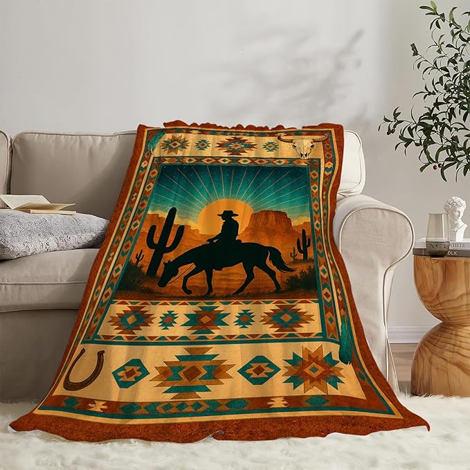 Western Cowboy Blanket Southwest Cowboy Horse Tropical Cactus Mexican Throw Blanket Soft Cozy Fleece Fuzzy Plush Warm Stuff Bedding Blankets Gifts for Boys Girls Kids Adult Men Women 50"X60"